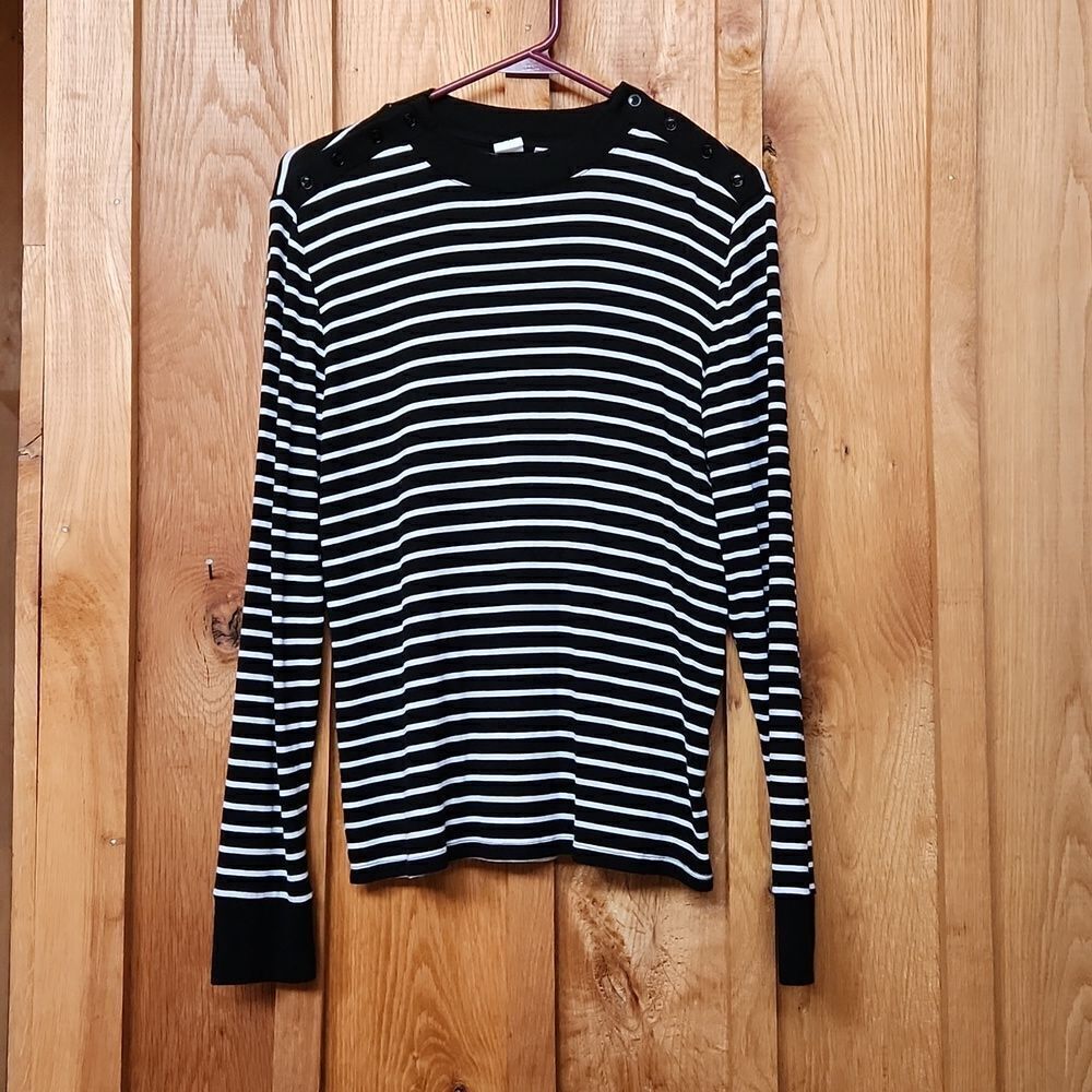GAP Crew Neck Lightweight Stretch Nautical Sweater, Large, Black & White Stripes
